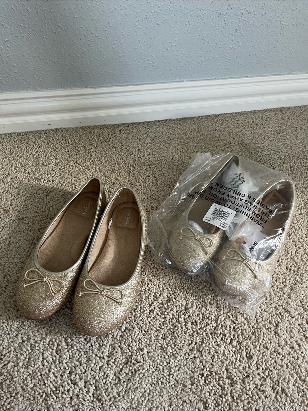 Two Gold Glitter Ballet Flats with Bow